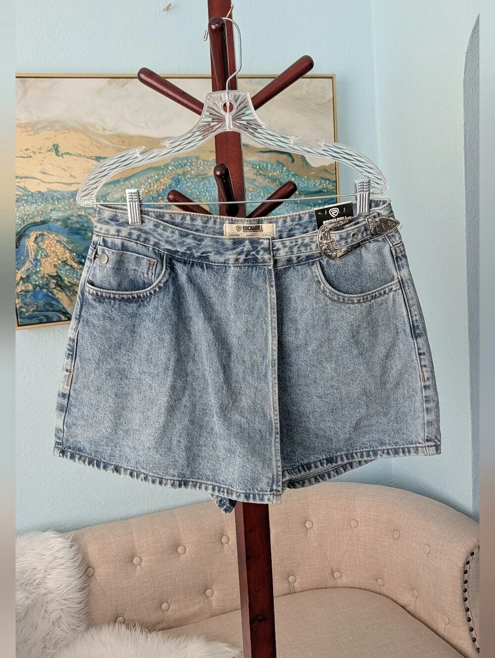 NWT Rock&Roll Denim Vintage-Inspired High Rise  Skort With Silver Buckle Sz 31